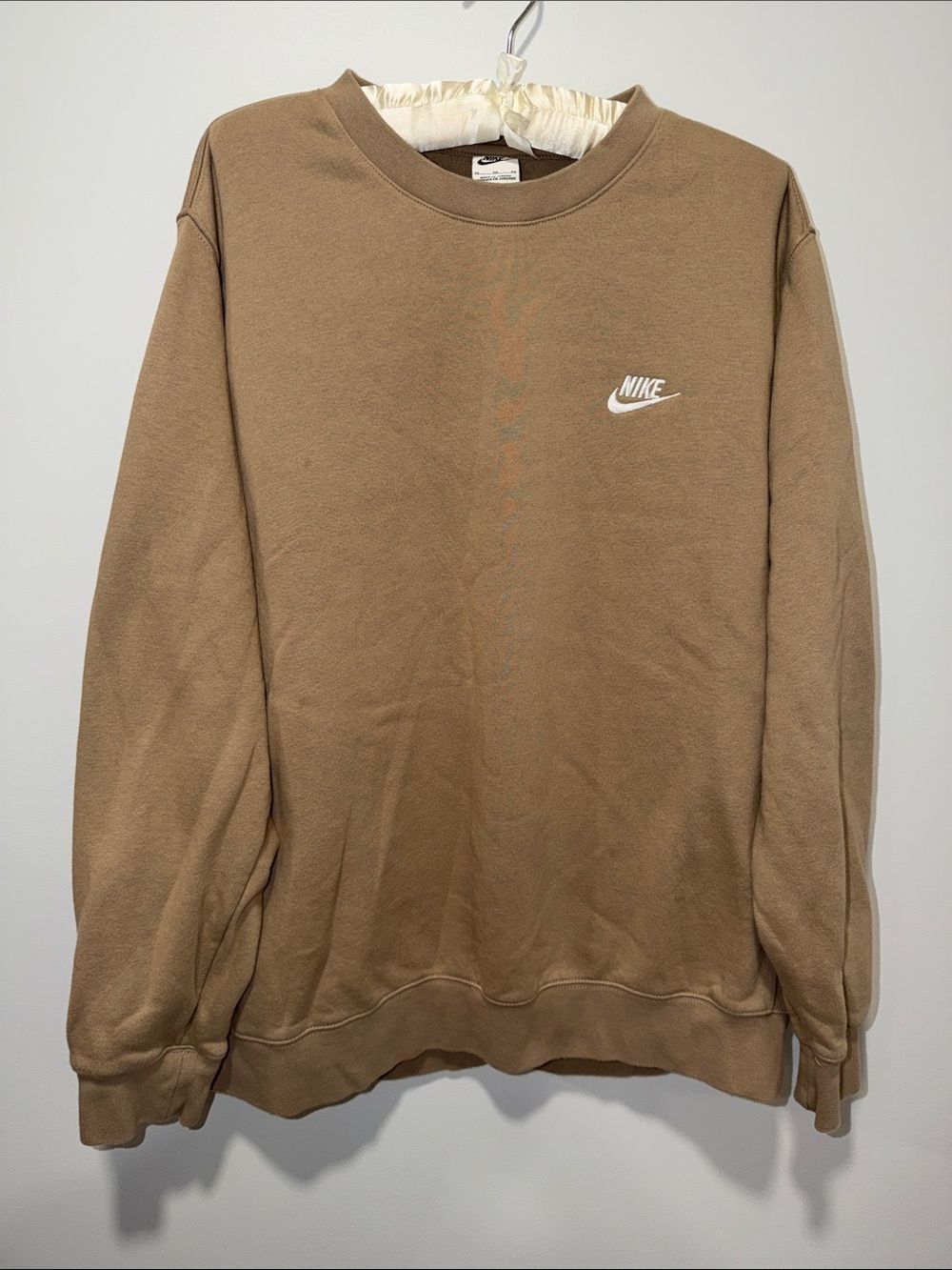 NIKE XL Tan White Embroidered Logo Cotton Blend Fleece Crew Sweatshirt